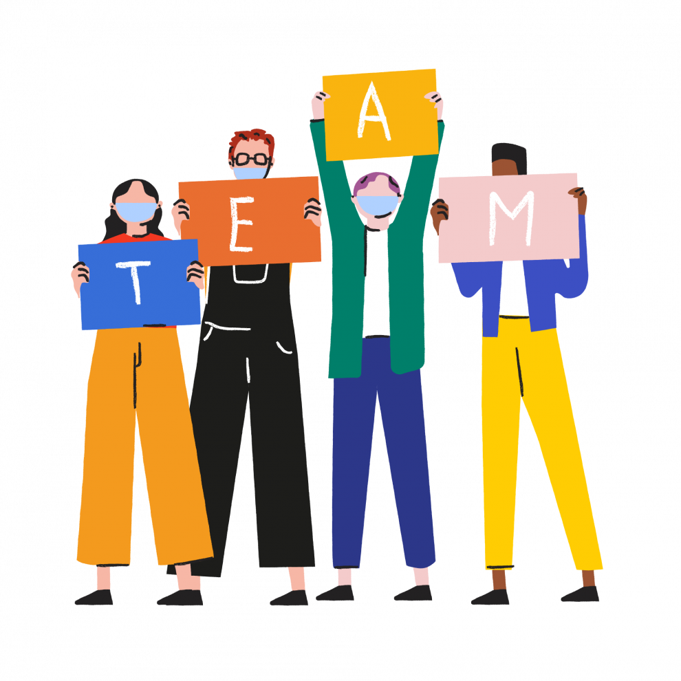 Illustration d'un groupe qui tient des pancartes qui rassemblées forme le mot team